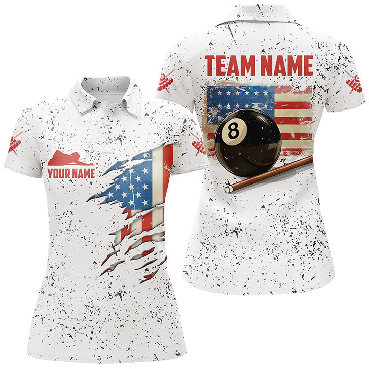 Custom American Flag Grunge Style Billiard Polo Shirts For Women Custom Patriotic 8 Ball Billiard Shirts TDM1378