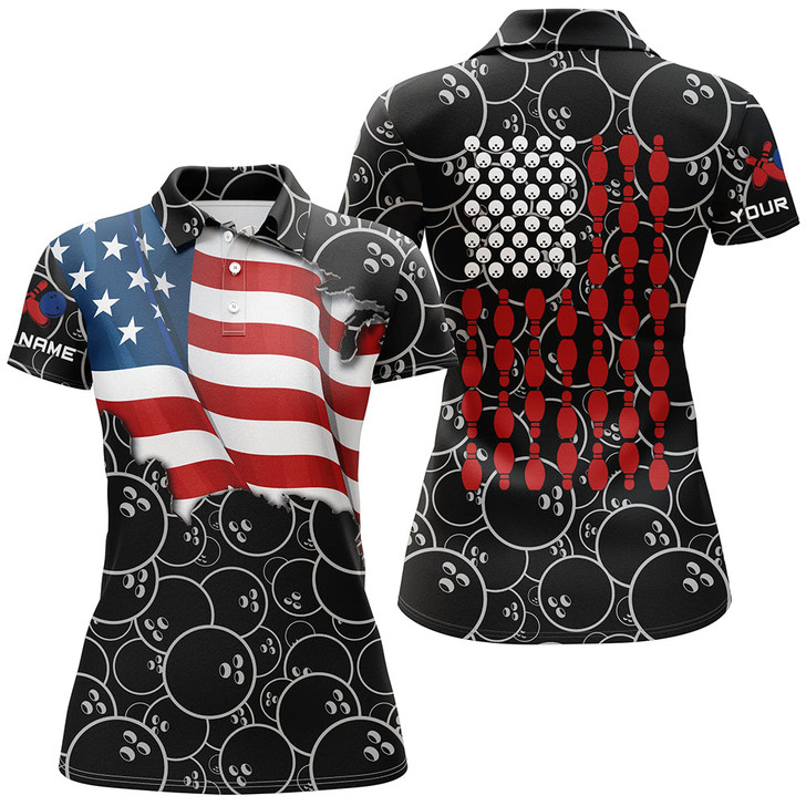 Custom American Flag Black Camo Bowling Shirt For Women Custom Polo, Quarter Zip Shirt, Team Patriots Bowlers Nqs7705