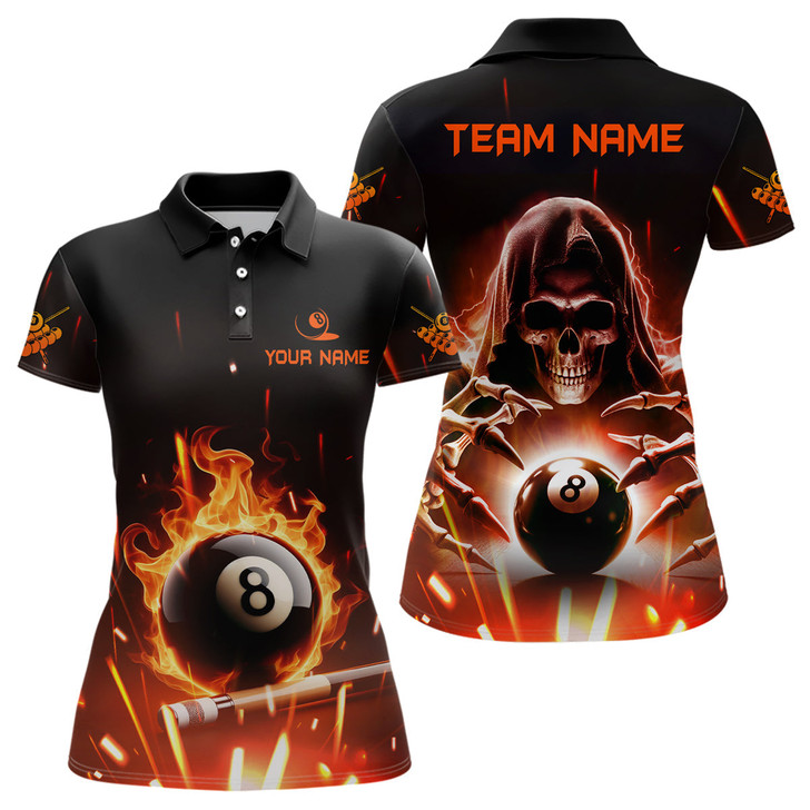 Custom Billiard Skeleton Flaming 8 Ball Pool Personalized Women Polo Shirts Custom Pool League Team Shirts TDM1075