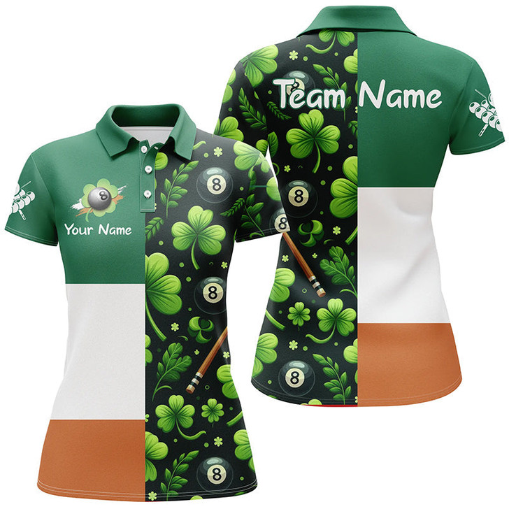 Custom St Patrick's Day Ireland Flag Custom Women Billiard Polo Shirts, Lucky Green Clover Billiard Shirts TDM1073