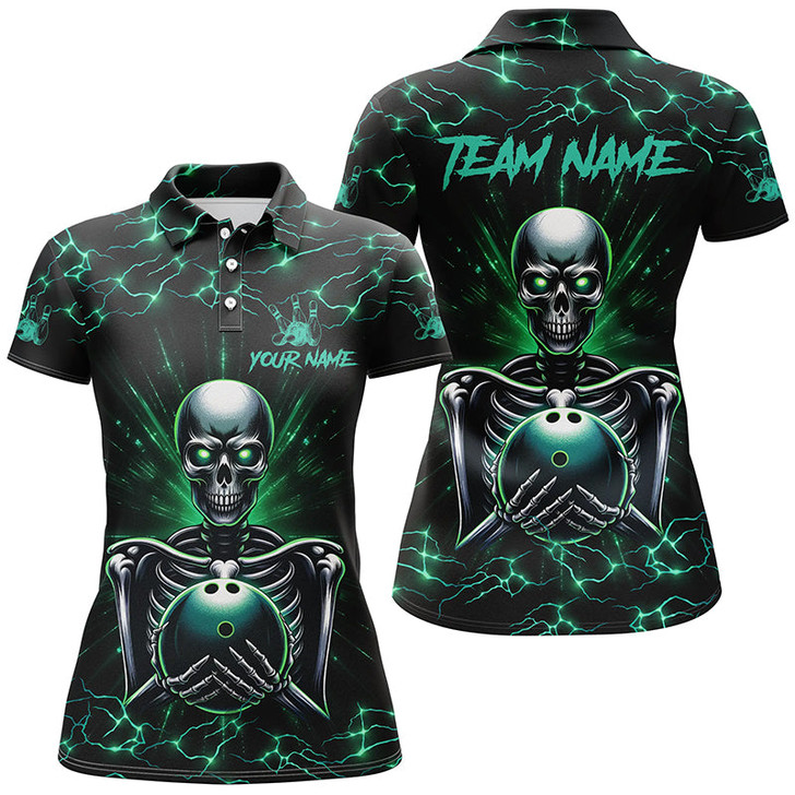 Custom Green Skull Lightning Bowling Polo Shirts For Women Custom Team Bowling Jerseys, Gift For Bowlers Nqs7304