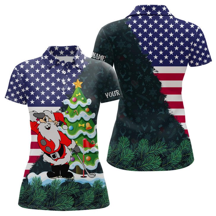 Custom American flag Christmas Santa golf pattern custom Womens golf polo shirts, christmas golf apparel NQS8115