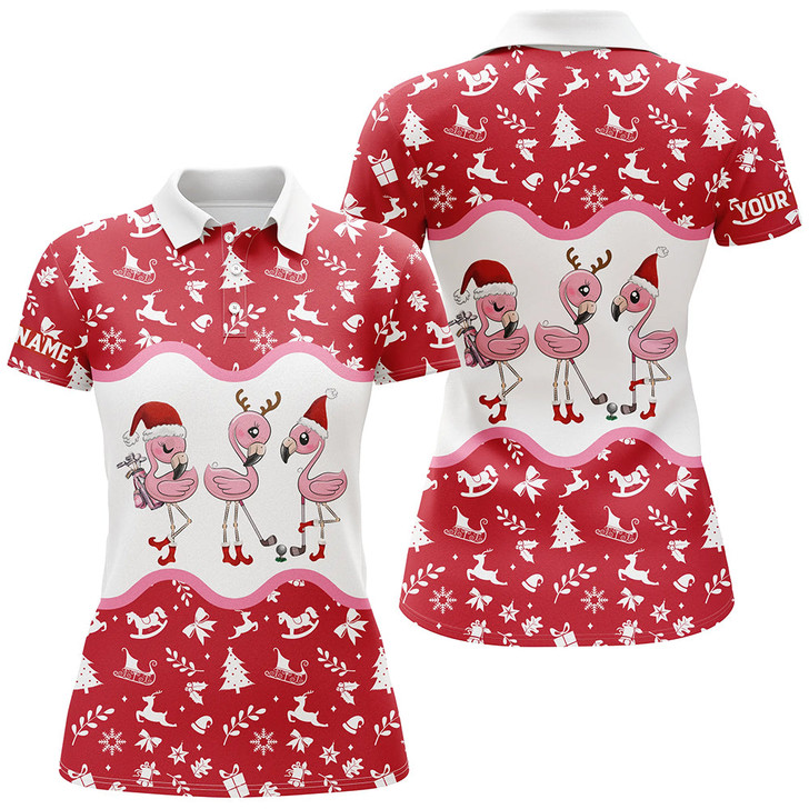 Custom Red And White Christmas Pattern Womens Golf Polo Shirt Custom Flamingo Christmas Polo Shirts For Women Nqs6785