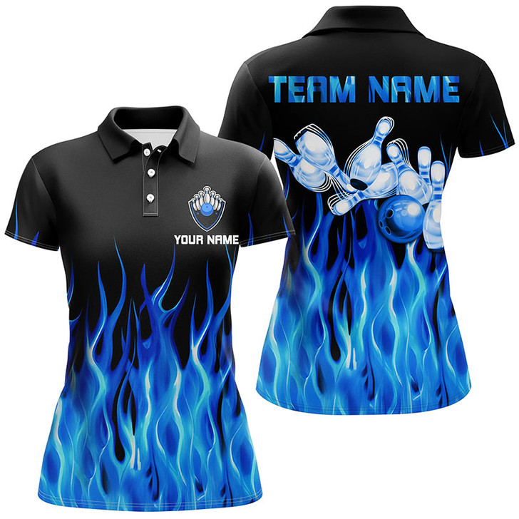 Custom Blue Flame Womens Bowling Polo Shirt Black Bowling Jerseys Personalized Bowling Team Shirts Nqs6982