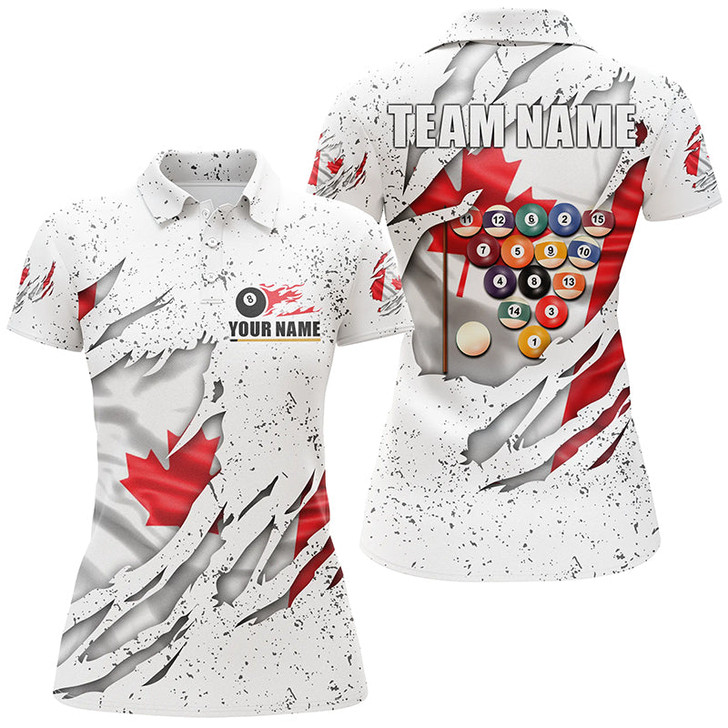 Custom Billiards Balls Canadian Flag White Grunge Custom Billiard Polo Shirts For Women, 8 Ball Pool Shirts VHM0661