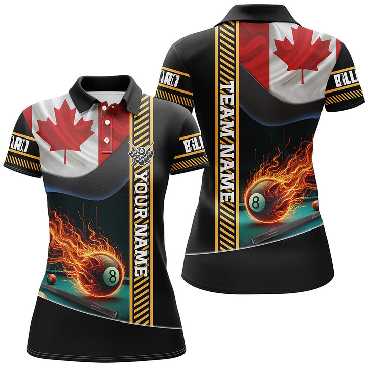 Custom Personalized Canada Flag Flaming 8 Ball Pool Women Polo Shirts, Patriotic Billiard Attire Jerseys TDM1140