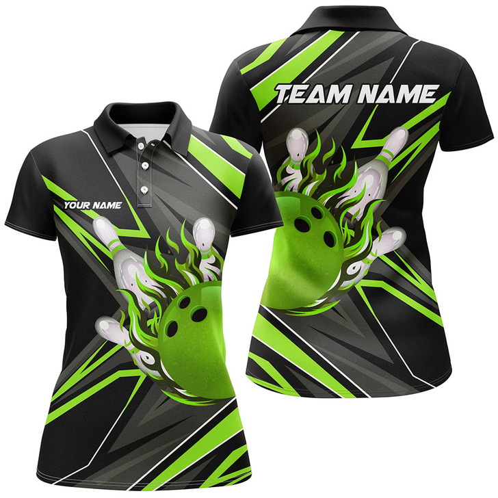 Custom Black And Green Womens Bowling Polo Shirt Custom Bowling Ball Pins Flame Bowling Jerseys For Bowler Nqs7386