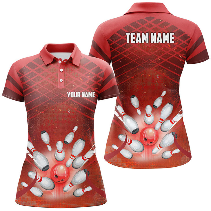 Custom Women Bowling Polo Shirts Custom Red Light Bowling Ball And Pins Team Bowling Jersey, Gift For Bowlers Nqs7081