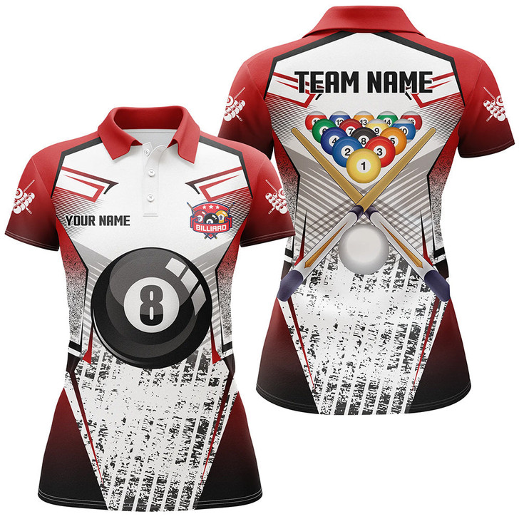 Custom Personalized Billiard Balls And Cue Red Grunge Style Women Polo Shirts Custom Billiard Jerseys Sport TDM1167