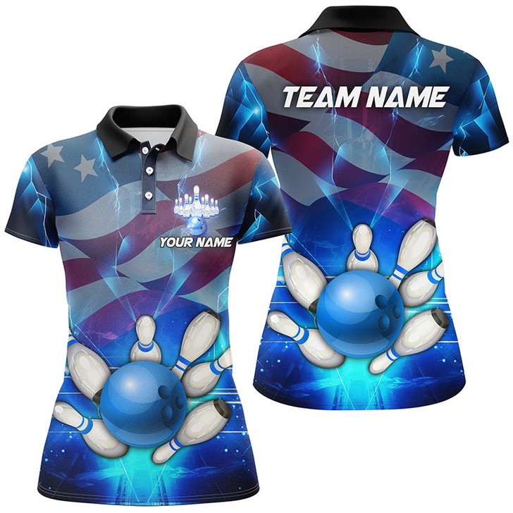 Custom American flag blue Custom Bowling Polo Shirts For Women patriotic Bowling Team League Jerseys TTV153