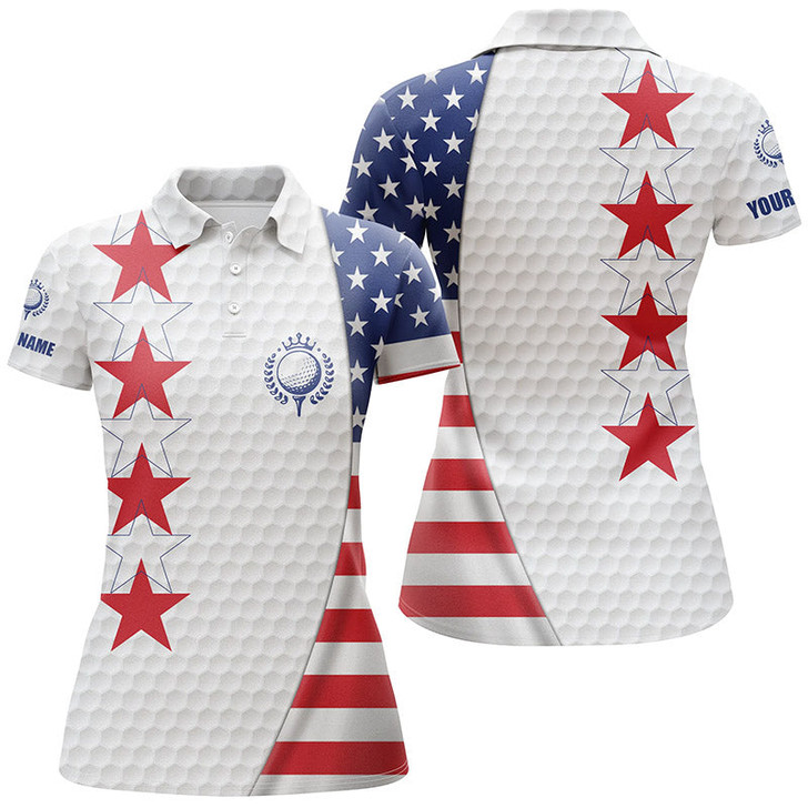 Custom American Flag Womens Golf Polo Shirt Custom Patriotic White Golf Ball Skin Shirt For Ladies Nqs7888