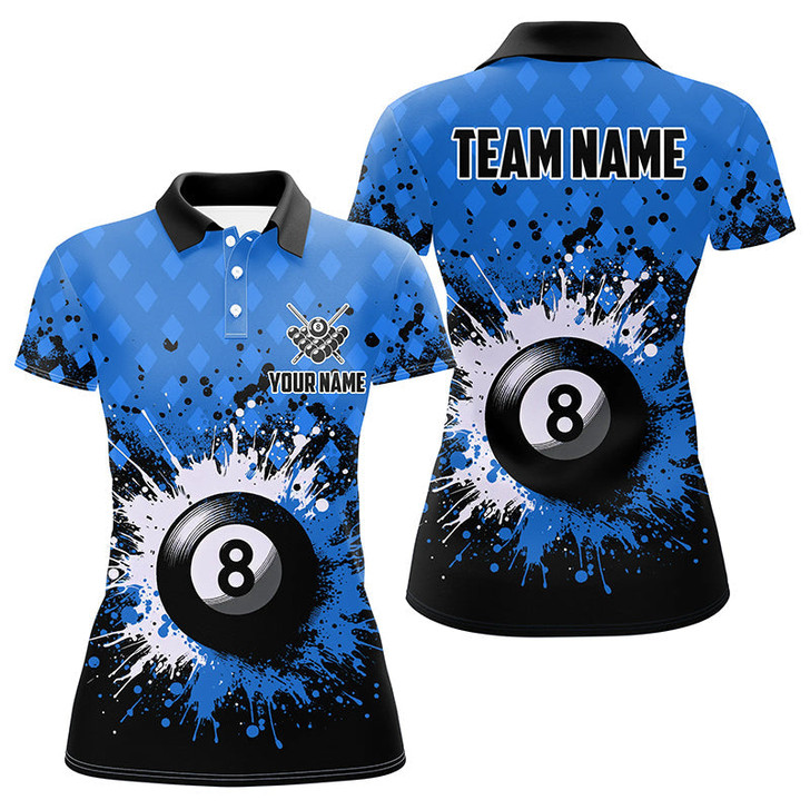 Custom Personalized Blue Grunge 8 Ball Pool Women Billiards Polo Shirts Custom Billiard Team Jerseys Uniform TDM1184