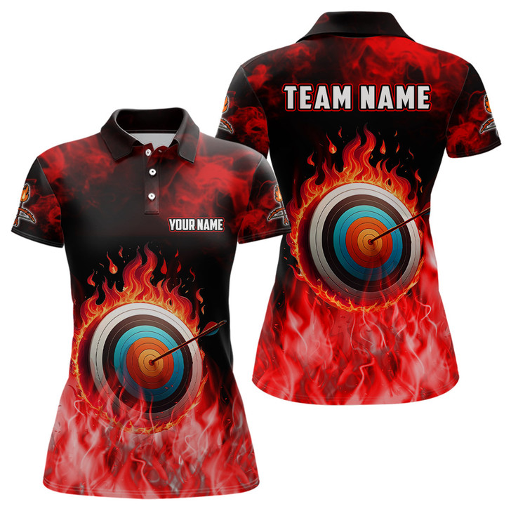 Custom Personalized Red Flaming Target Archery 3D Polo Shirts For Women, Fire Bow And Arrow Archery Jerseys VHM0987