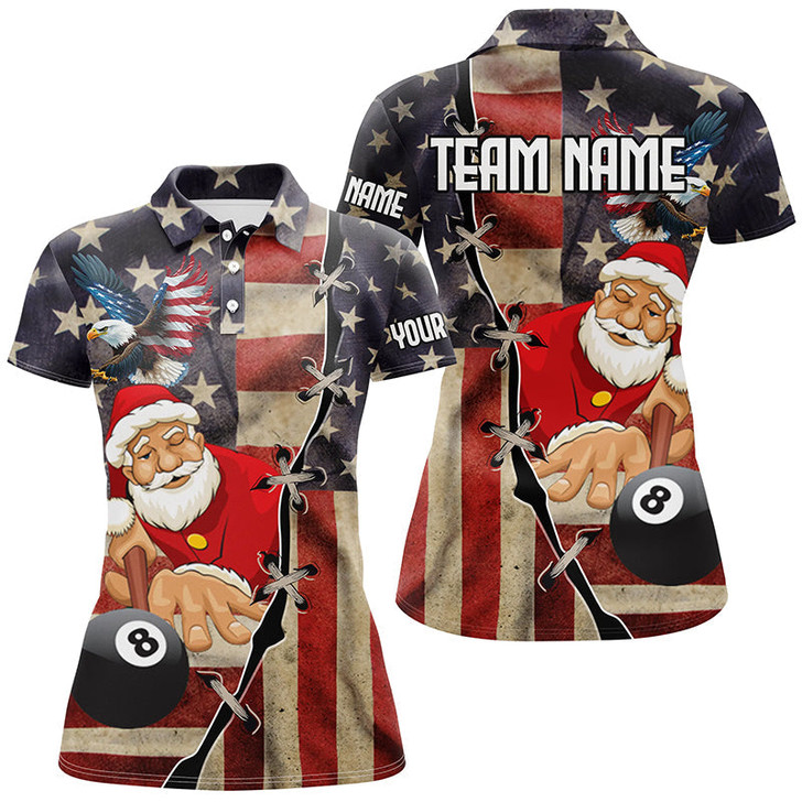Custom Funny Christmas Santa And Billiard Custom Us Flag Women Polo Shirts, Patriotic Women Christmas Shirts TDM0602