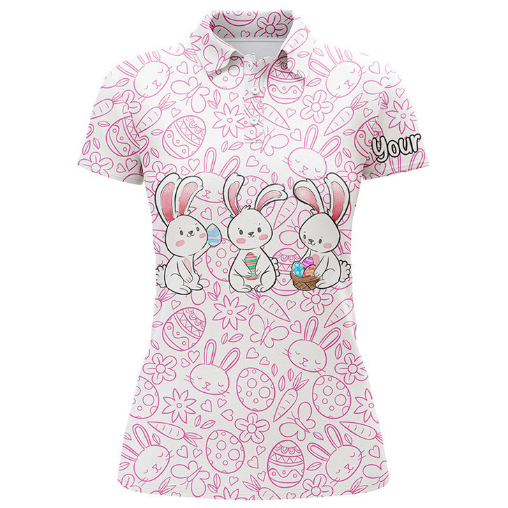 Custom Pink Easter bunny eggs pattern golf shirt custom name Womens golf polo shirts, golf shirts for women NQS4923
