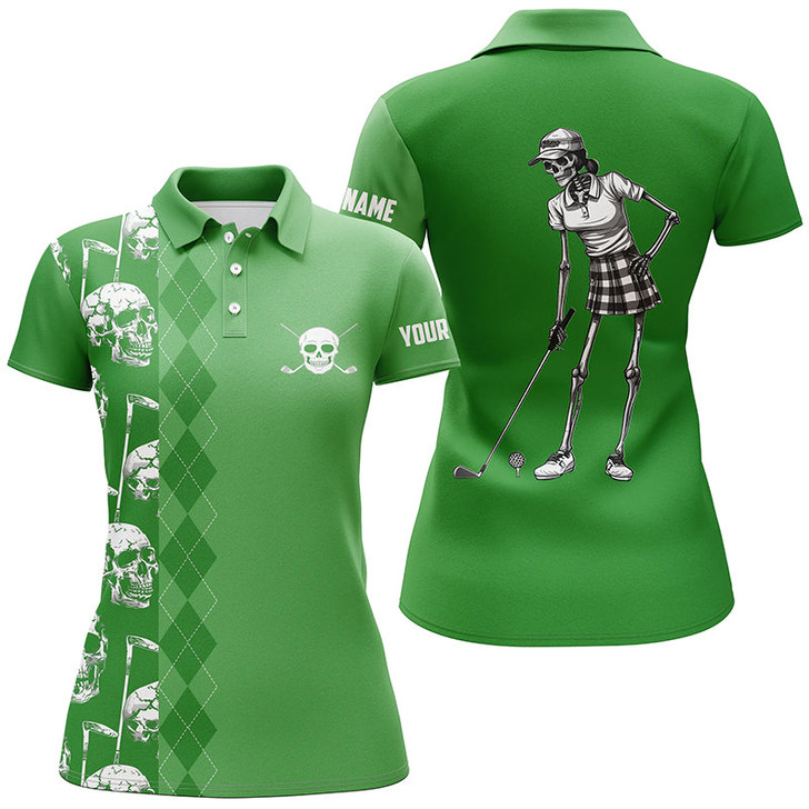 Custom Green Skull Argyle Pattern Custom Women Golf Polo Shirts, Women's Golf Tops Nqs7720