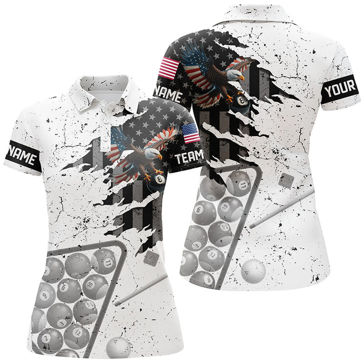 Custom Personalized Eagle Retro American Flag Women Billiard Polo Shirts, Patriotic Pool Player Shirts TDM1100