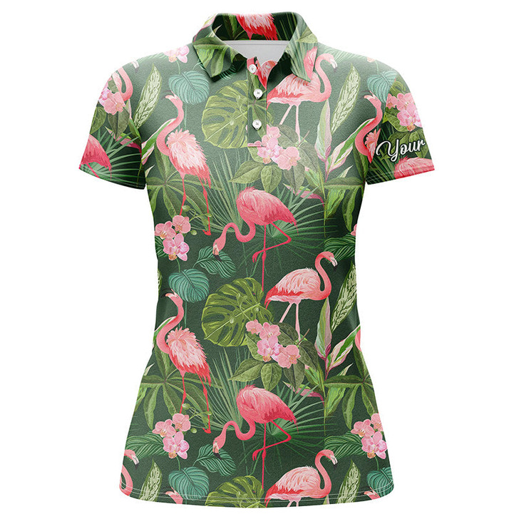 Custom Women Golf Polo Shirts Flamingo Green Tropical Palm Leaves Pattern Custom Name Team Golf Polo Shirts Nqs4780