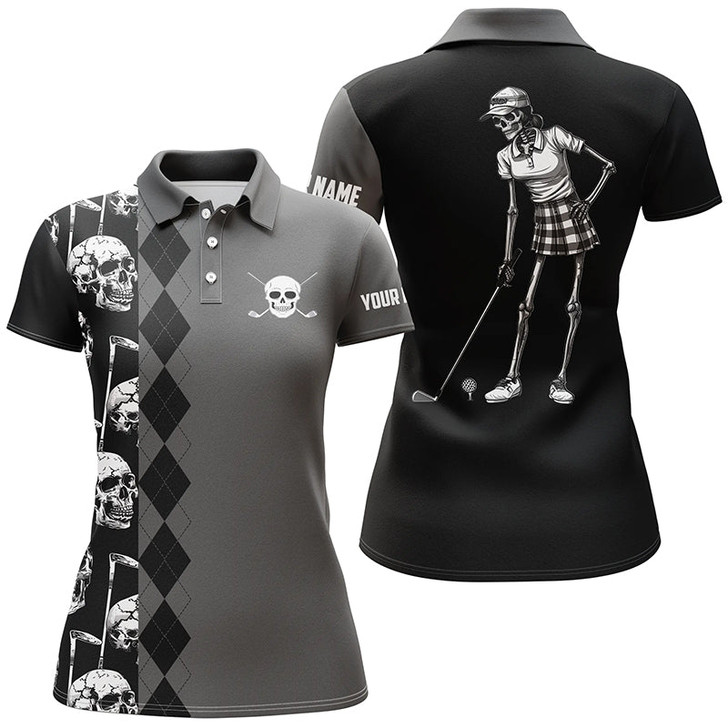 Custom Black Skull Argyle Pattern Custom Women Golf Polo Shirts, Women's Golf Tops Nqs7681