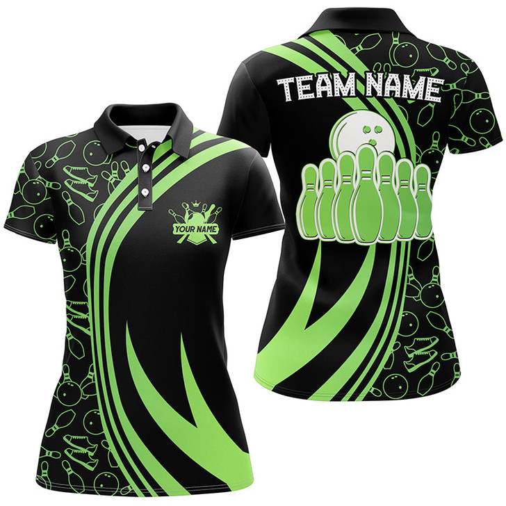 Custom Black Women Bowling Polo Shirt Custom Green Neon Team League Bowling Jerseys, Gifts For Bowlers Nqs7535