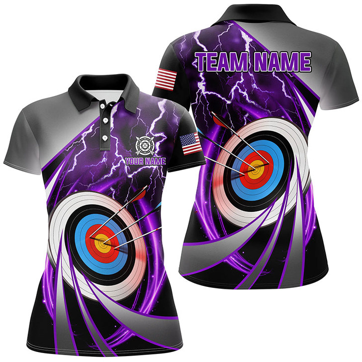 Custom Purple Archery 3d Target Thunder Lightning Personalized Women Polo Shirts, Team League Archery Shirts TDM1052