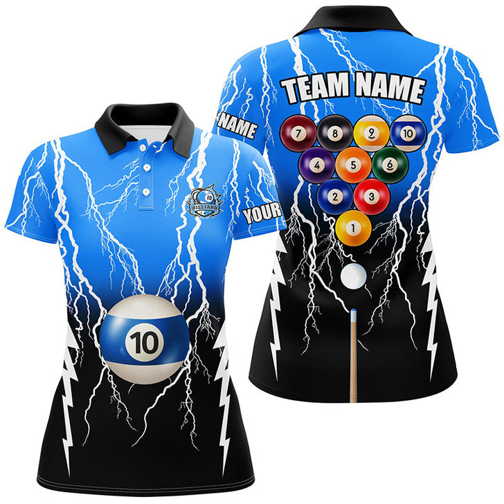 Custom 10 Ball Pool Custom Black Blue Lightning Thunder Women Polo Shirts, 10 Ball Billiard Apparel Clothing TDM0958