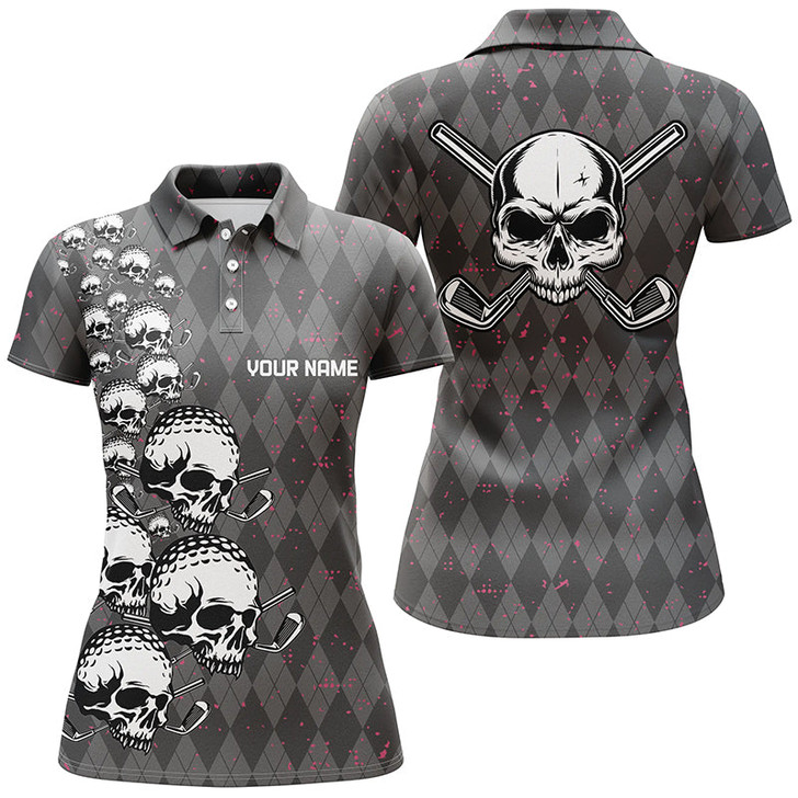 Custom Elegant Argyle Pattern And Skull Womens Golf Polo Shirts, Black Skull Golf Shirts For Women LDT0196