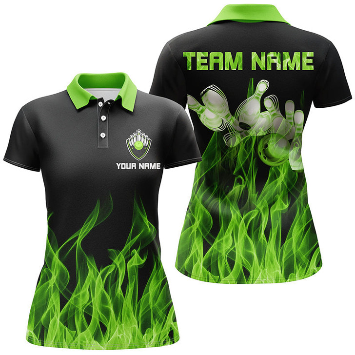 Custom Green flame Womens bowling polo shirt black Bowling Jerseys Personalized Bowling Team Shirts NQS6034