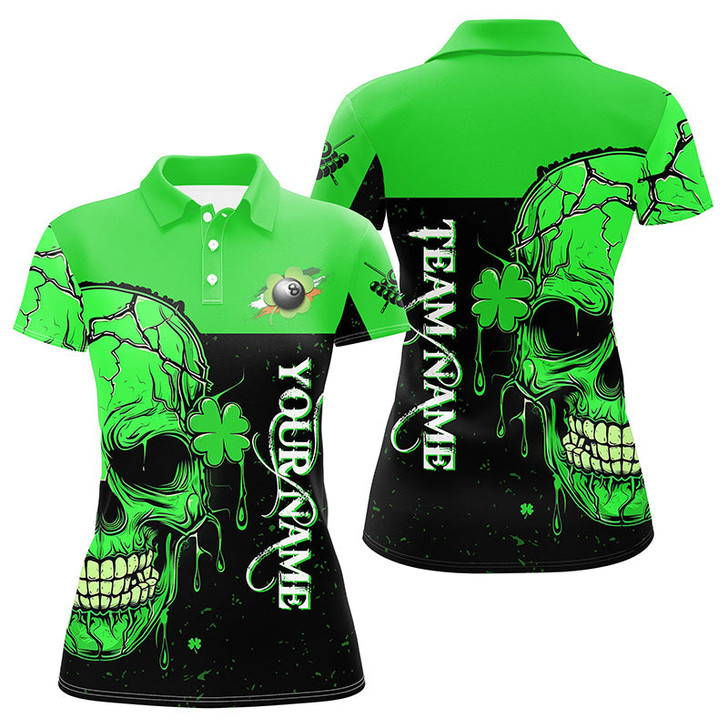 Custom St Patrick's Day Green Billiard Skull Custom Women Polo Shirts, Luckiest Patrick Day Billiard Shirts TDM1148