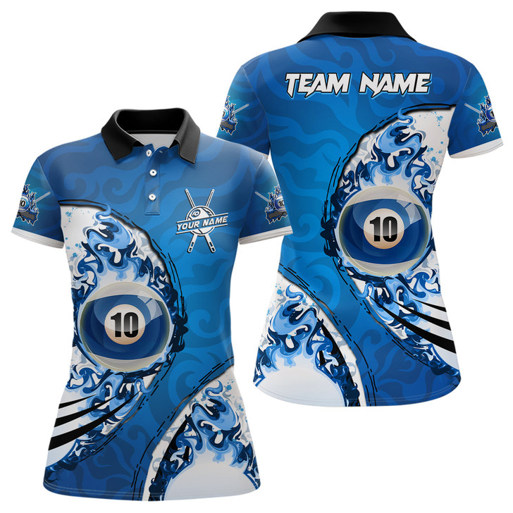 Custom Personalized Blue Flaming 10 Ball Billiards Women Polo Shirts, Custom 10 Balls Pool Player Shirts TDM0957