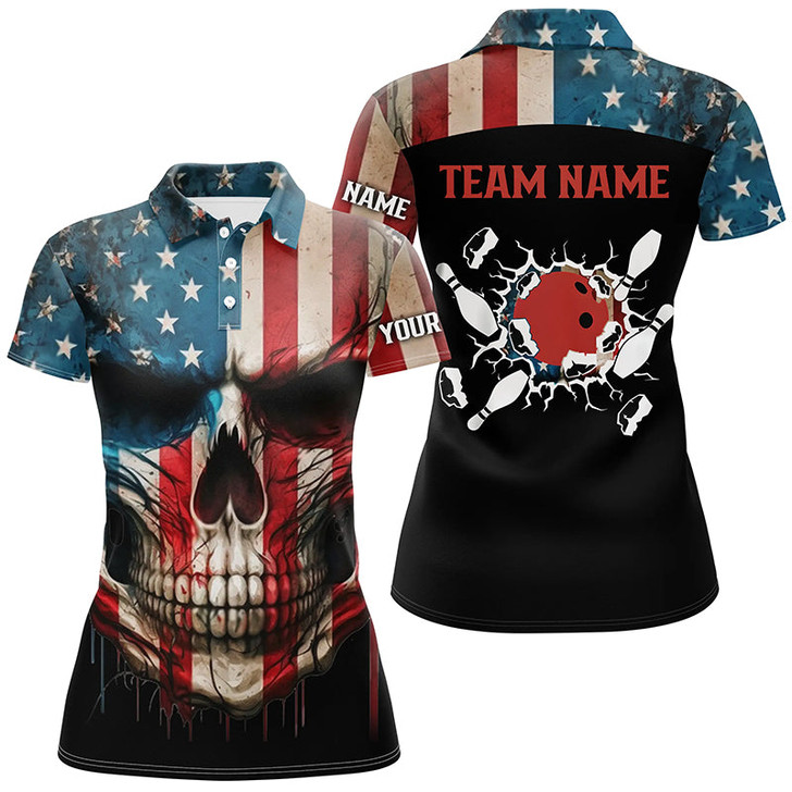 Custom Personalized Skull Bowling Shirt For Women Custom Team's Name American Flag Bowler Jersey Polo Shirt Nqs6408