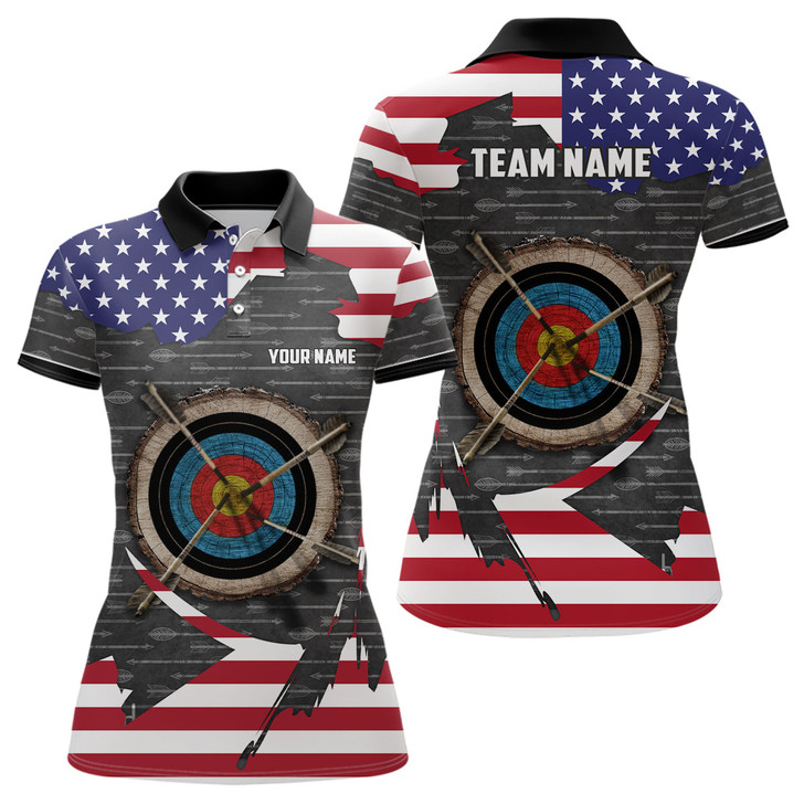 Custom Retro Archery 3d Target Personalized US Flag Polo Shirts For Women, Patriotic Archery Jerseys Shirts TDM0708