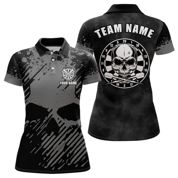 Custom Personalized Black Grey Grunge Darts Polo Shirt Skull Darts Shirt For Women Dart Jersey LDT0681