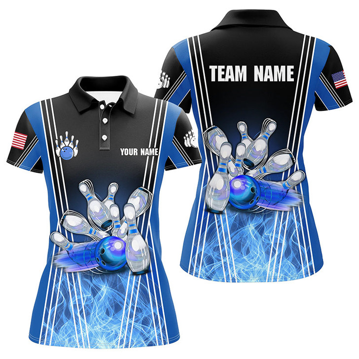 Custom Blue Flame Bowling Polo Shirts For Women Custom Team Girl Bowling Jerseys, Gift For Bowlers Nqs7237
