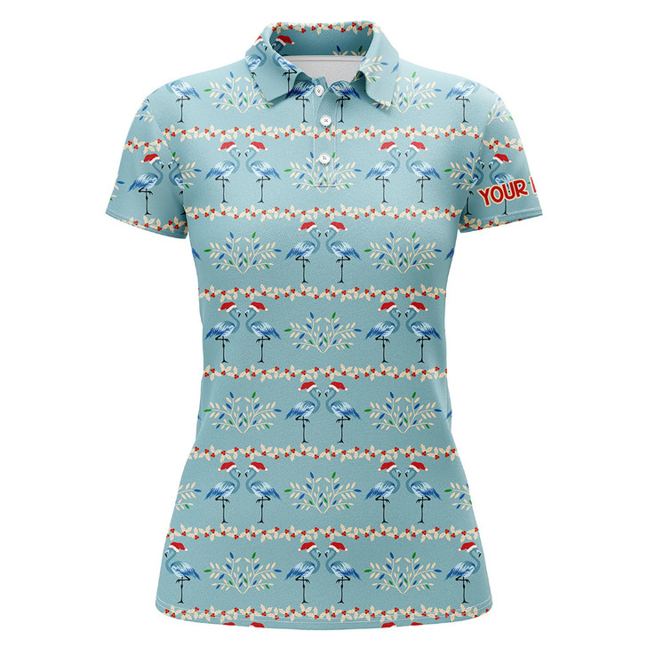 Custom Womens Golf Polo Shirt Custom Blue Christmas Flamingo Pattern Golf Shirt For Women, Christmas Gifts Nqs6652