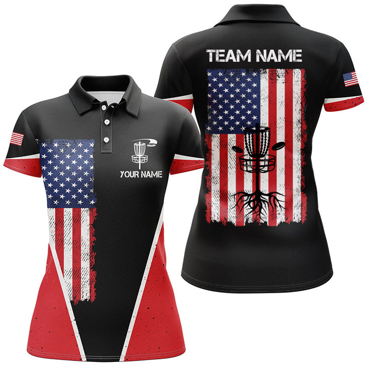 Custom Black Womens Disc Golf Polo Shirts Vintage American Flag Patriot Custom Frisbee Golf Shirt For Ladies Nqs7993
