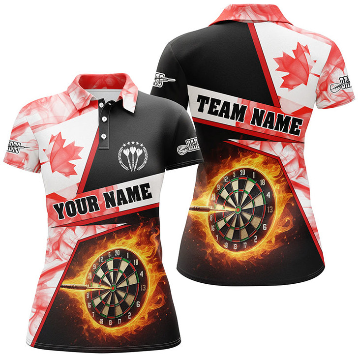 Custom Personalized Darts Flame Canada Flag Smoke Women Polo Shirts Custom Dart League Shirts, Darts Jerseys TDM1259