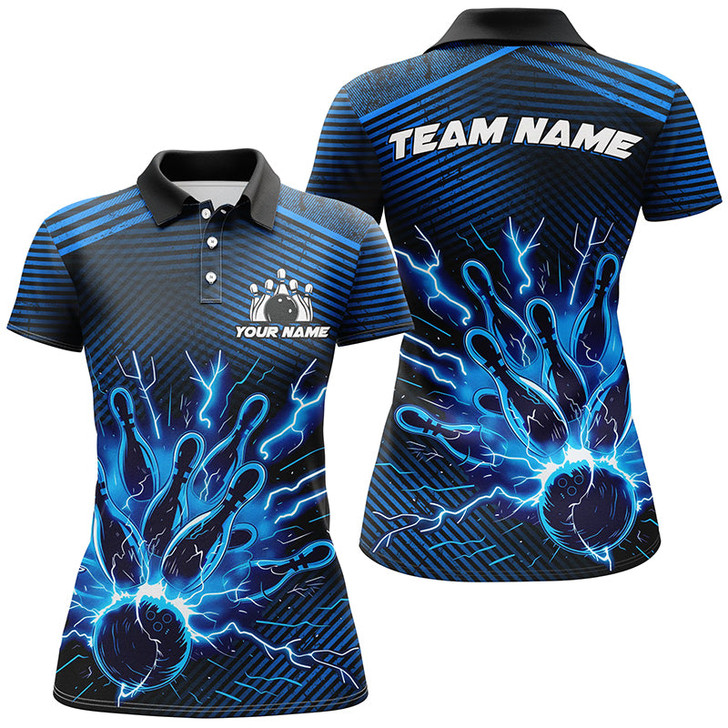 Custom Blue lightning thunder bowling Polo, Quarter Zip shirts for women Custom Bowling Team League Jerseys NQS7750