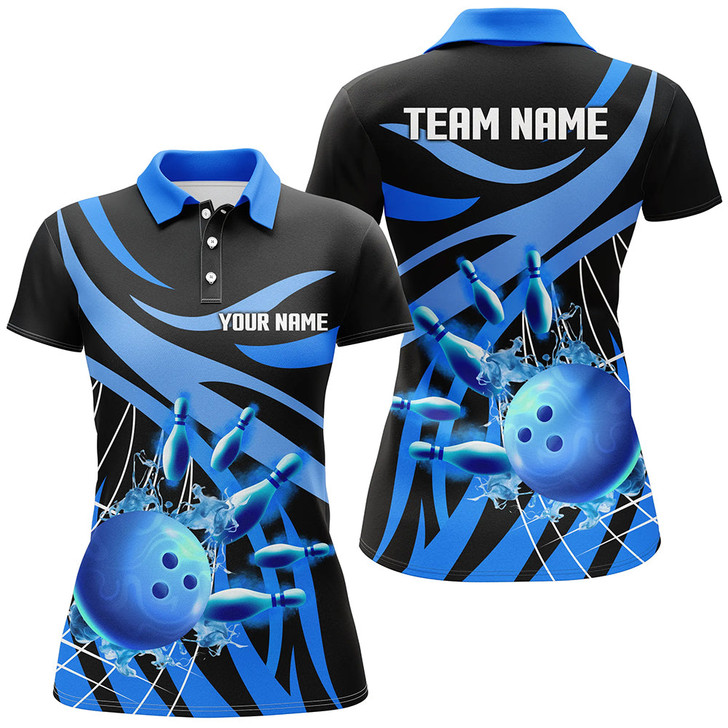 Custom Blue Flame Bowling Polo Shirts For Women Custom Team Bowling Jerseys For Girl, Gift For Bowlers Nqs7243