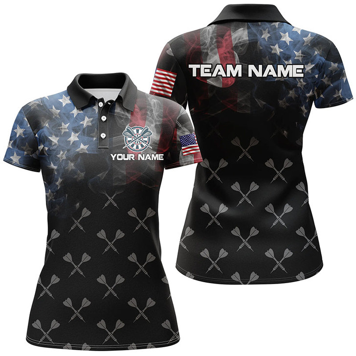 Custom Personalized Smoke US Flag Dart Polo Shirts, Custom Patriotic Darts Shirts For Women Dart Jerseys VHM1094