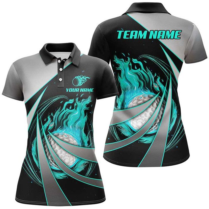 Custom Womens Golf Polos Shirts Custom Flame Golf Ball Shirts For Women, Personalized Golf Gifts | Cyan Blue Nqs7957