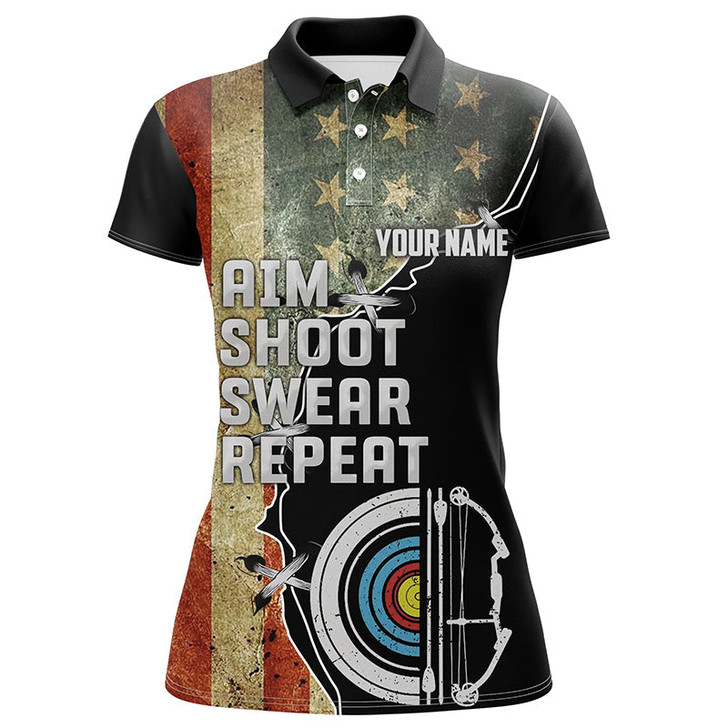 Custom Personalzied Aim Shoot Swear Repeat Archey Polo Shirts For Women, Vintage US Flag Archery Shirts VHM0720