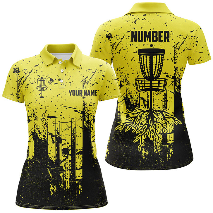 Custom Black & Yellow Grunge Pattern Women Disc Golf Polo Shirt Custom Disc Golf Jerseys, Frisbee Golf Attire Nqs8101