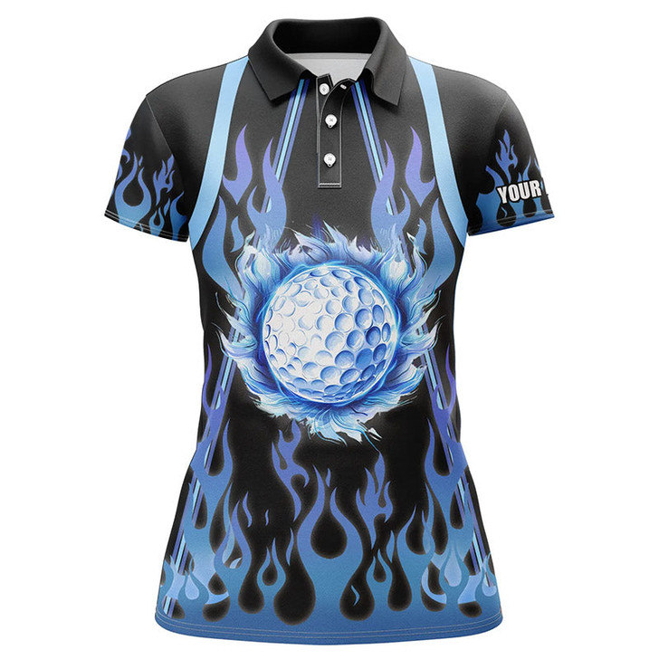 Custom Women Golf Polo Shirts Custom Black And Blue Flame Golf Ball Golf Outfits For Ladies Nqs7867
