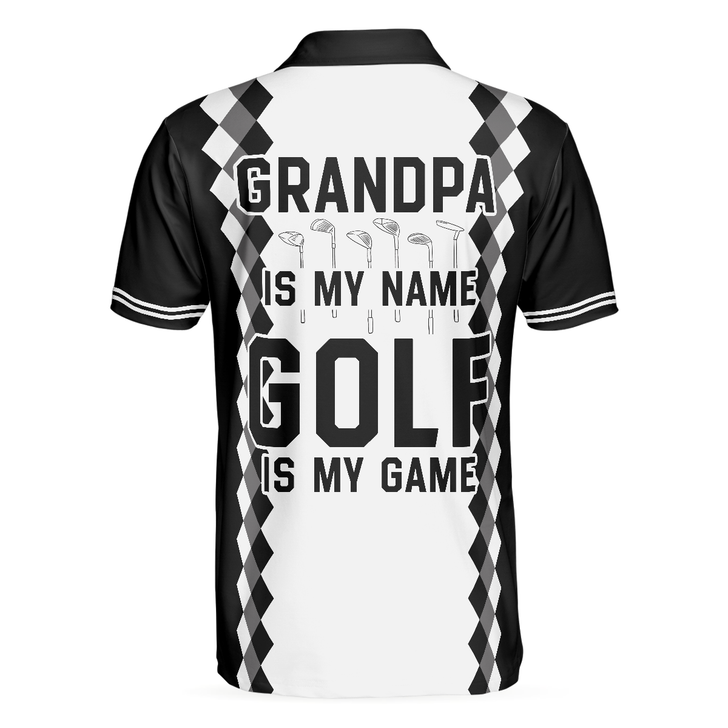 Black And White Argyle Pattern Skull Golf Men Polo Shirt, Grandpa Is My Name Golf Is My Game Golf Shirt For Men