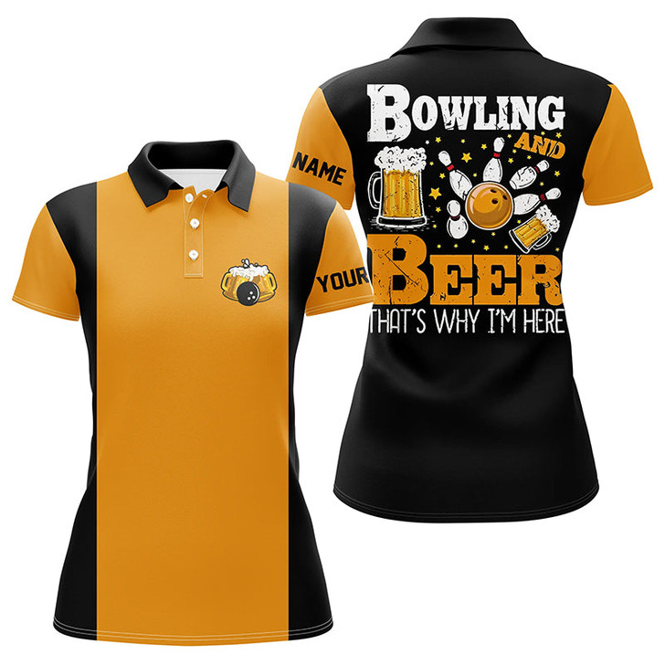 Custom Black And Yellow Retro Bowling Polo Shirts For Women Custom Name Bowling And Beer That's Why I'm Here Nqs7474