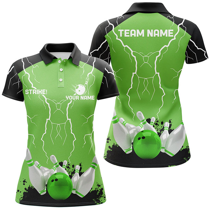 Custom Women Bowling Polo Shirt Custom Bowling Strike Lightning Storm Thunder Team League Jersey | Green Nqs7083