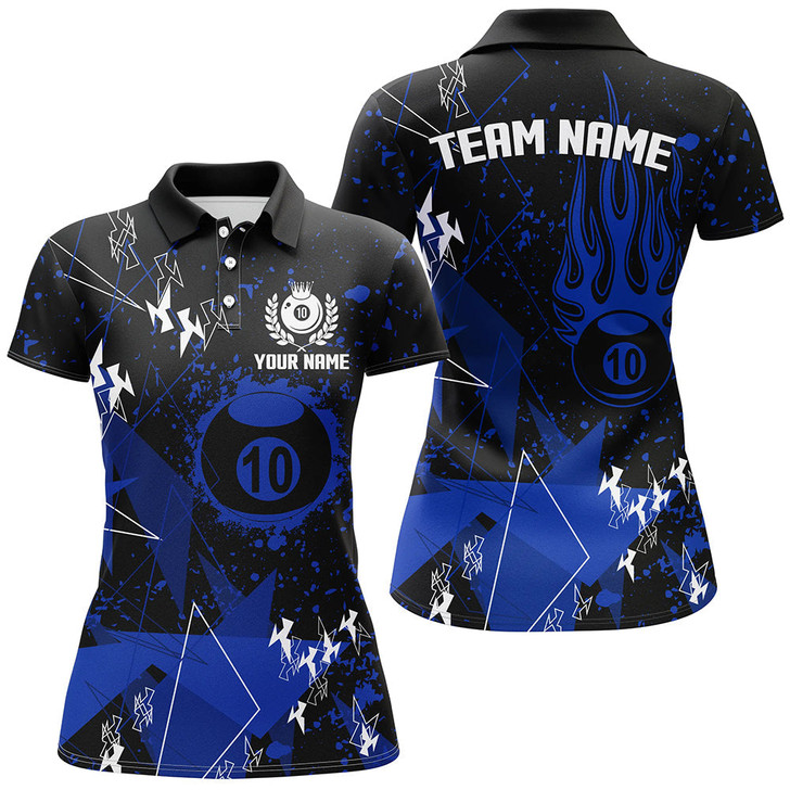 Custom Personalized Blue Grunge 10 Ball Billiard Women Polo Shirts, Custom Billiard Jersey For Pool Player TDM1410
