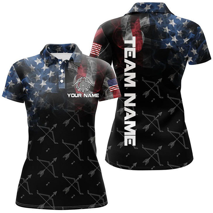 Custom Personalized Vintage Smoke US Flag Archery 3D Polo Shirts For Women, Archery Bows Pattern Jerseys VHM0979