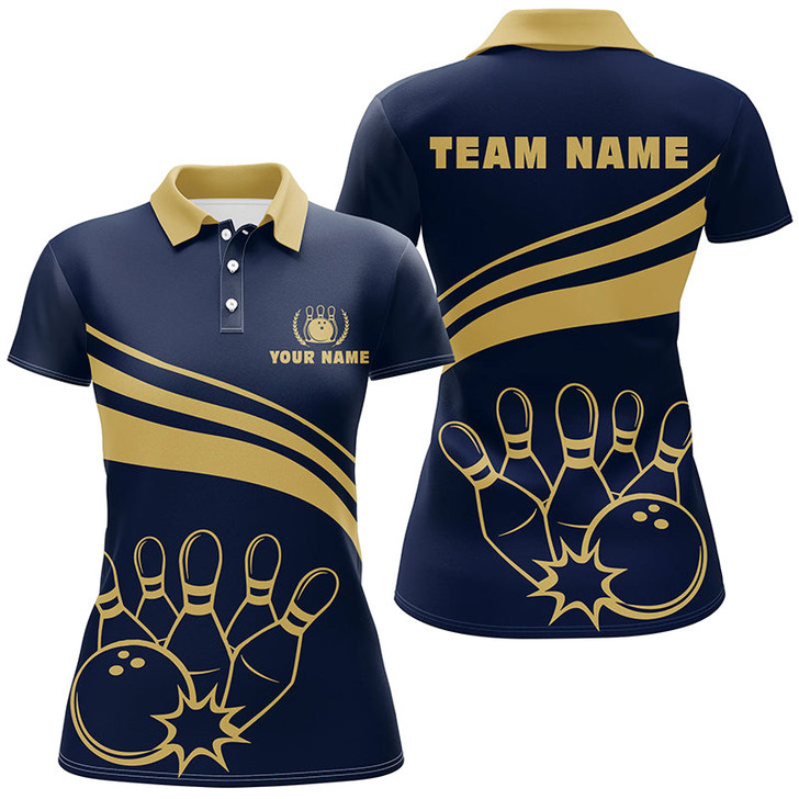 Custom Personalized Polo Bowling Shirts For Women, Custom Gold Womens Bowling Shirts Team Bowl Jersey | Navy Nqs6707